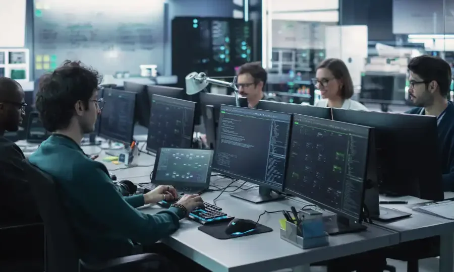 Ein Team von Ingenieuren programmiert an Schreibtischen mit mehreren Monitoren in einem Serverraum bei gedimmter blauer Beleuchtung im Hintergrund.