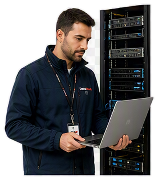 Un técnico informático se encuentra junto a un armario de servidores, utilizando un ordenador portátil para inspeccionar el equipo.