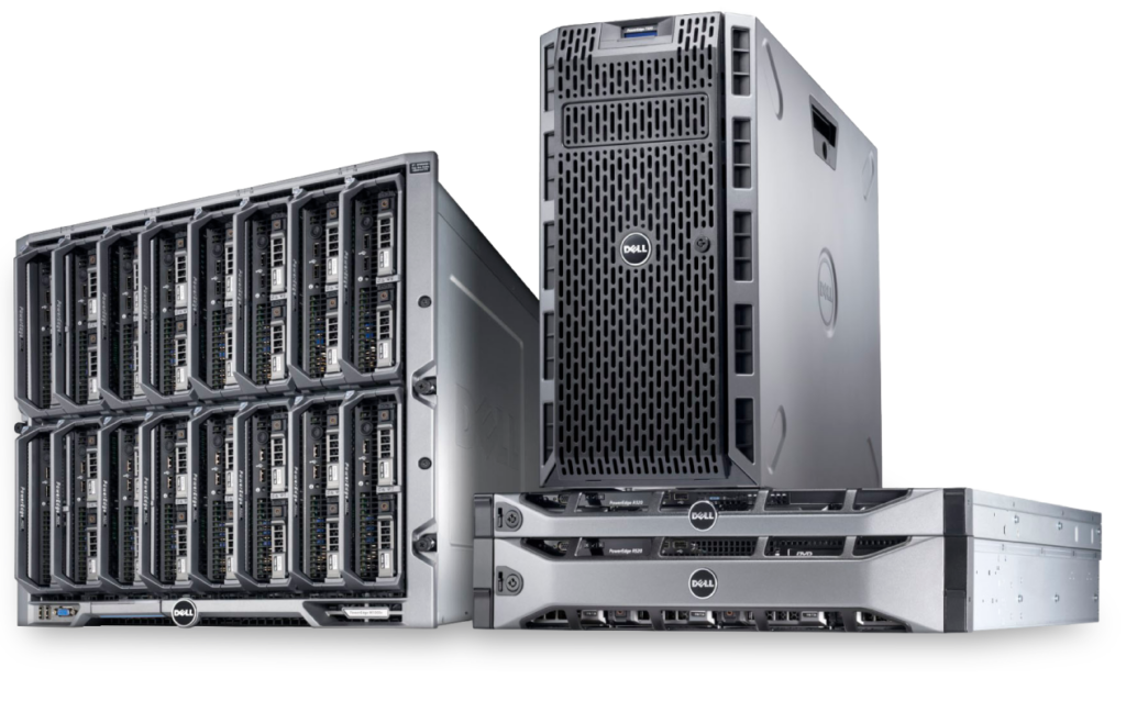 Conjunto de hardware para servidores Dell PowerEdge que incluye un chasis blade con múltiples blades intercambiables en caliente y una unidad de almacenamiento montada en rack, presentado sobre un fondo negro.