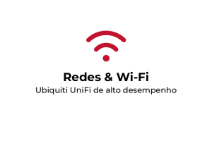 Banner de redes Wi-Fi con un símbolo inalámbrico rojo y el texto «Redes y Wi-Fi», y el subtítulo «Ubiquiti UniFi de alto rendimiento»;