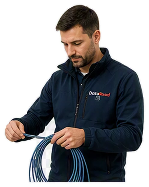 Techniker in einer Marinejacke, der blaue Netzwerkkabel aufwickelt
