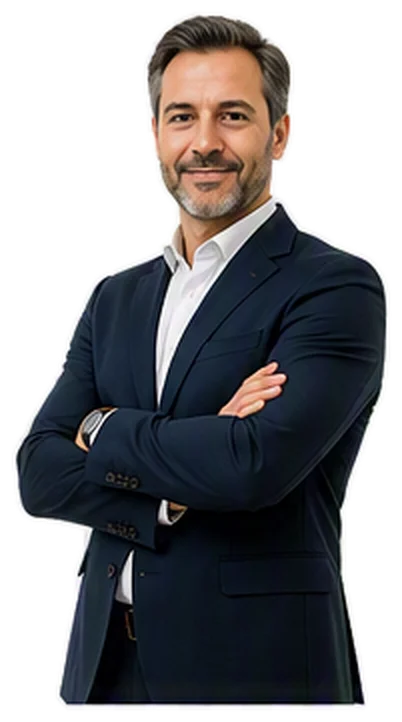 Empresario con traje azul marino con los brazos cruzados, luciendo seguro contra un fondo blanco.