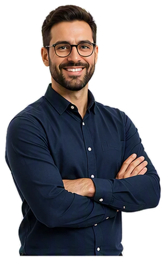 Hombre sonriente con gafas con una camisa azul marino abotonada, con los brazos cruzados.